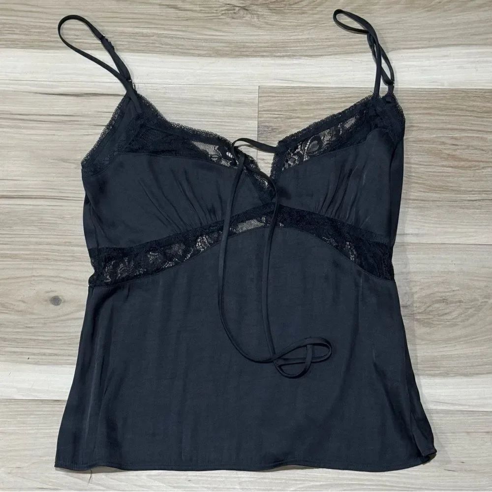 Anthropologie Elodie Black Satin Tie Front Cami Tank Top Women’s Small